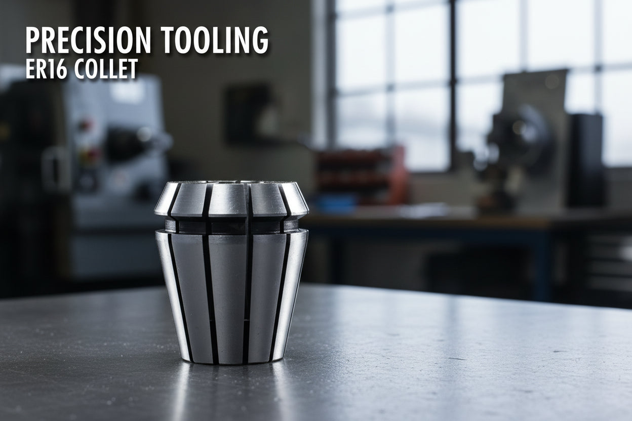 Precision tooling ER16 collet on a table with a blurred workshop background
