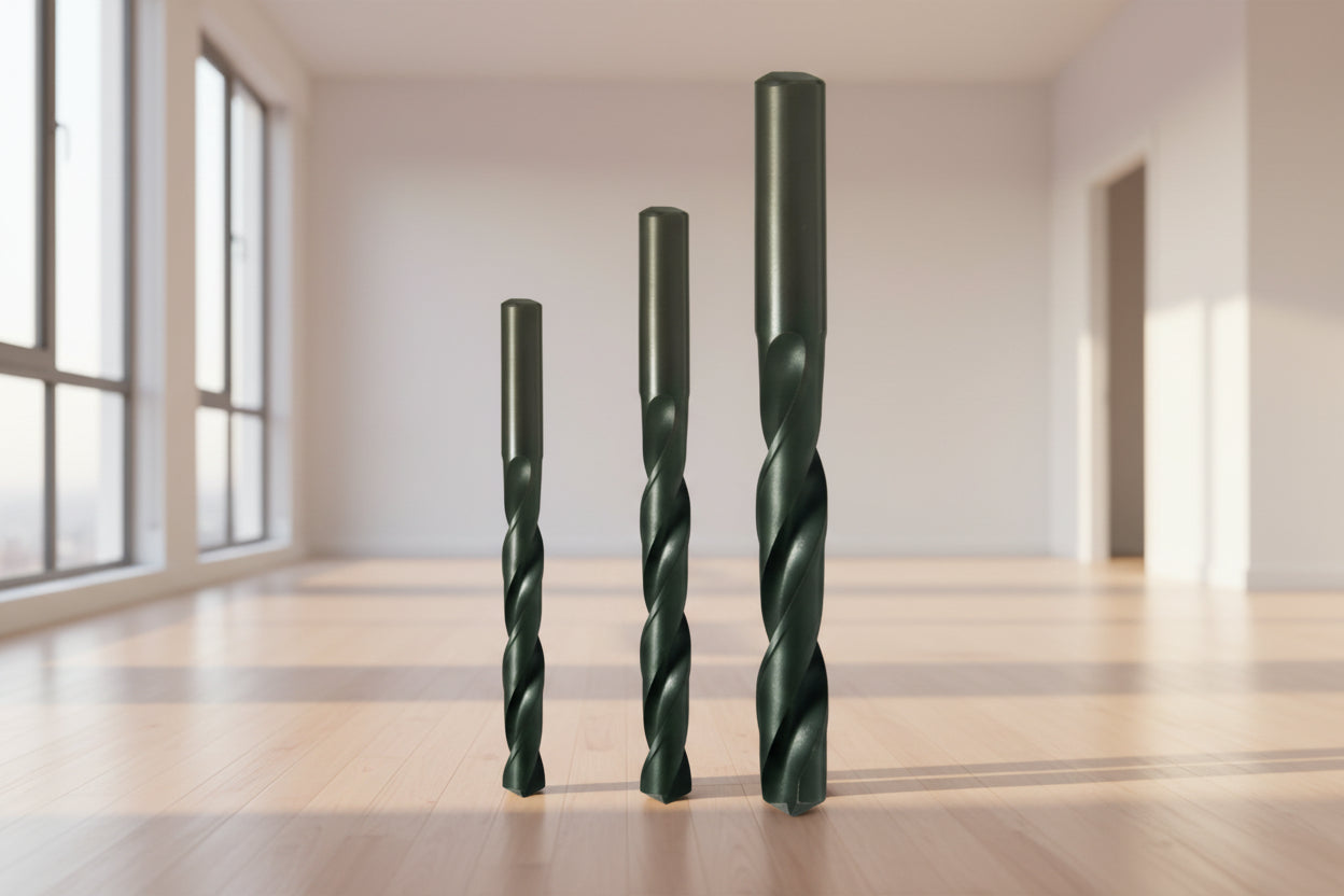 Three drill bits of different sizes on a white background