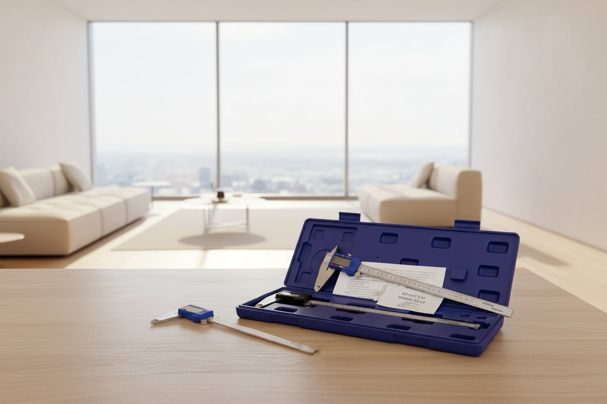 Digital caliper in a blue case on a carpeted floor