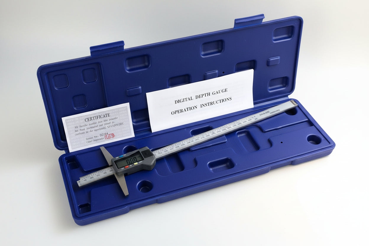 Digital depth gauge in a blue case with an instruction sheet on a textured surface