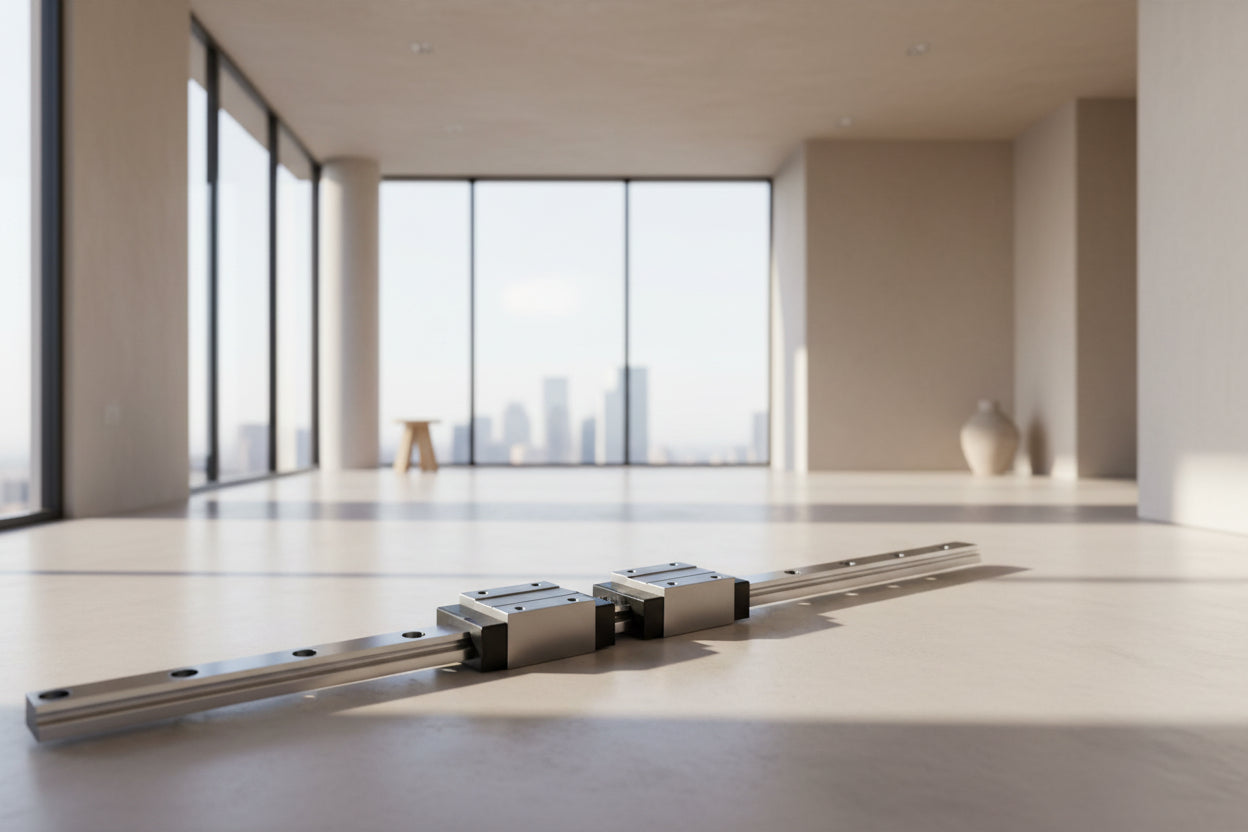 Metal linear guide rail with bearings on a cardboard surface