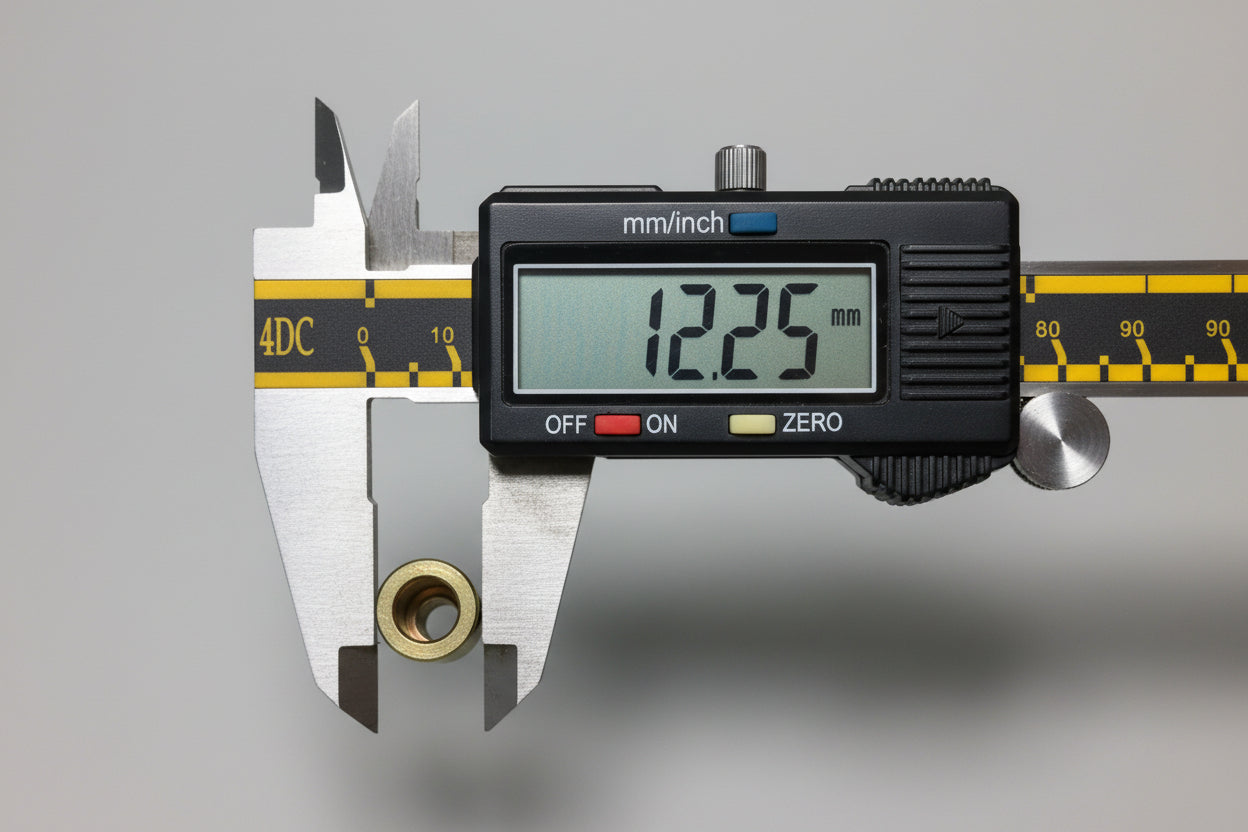 Digital caliper measuring a brass bolt on a gray background